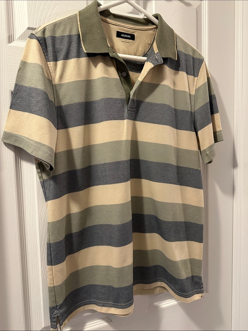 ALFANI Men's Striped Polo Olive Cream Denin Blue Sz L Golf Casual Comfy Classic